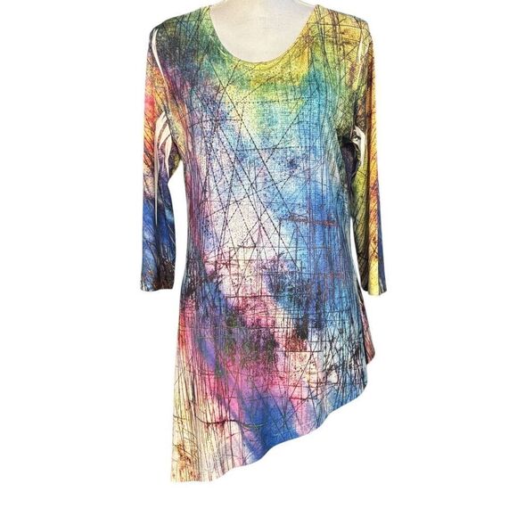 Jess & Jane Tunic Size Small Blue Abstract Asymmetric Hem Sequin Boho Artsy USA - Picture 7 of 7